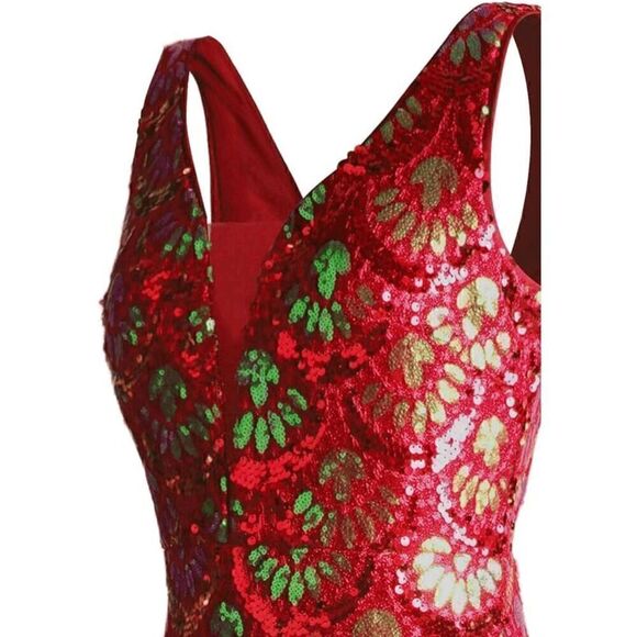 ✨❤️ Formal Red Sequin Mermaid Column Art Deco 1920s Long Gown Maxi Dress L NWT - Picture 5 of 13